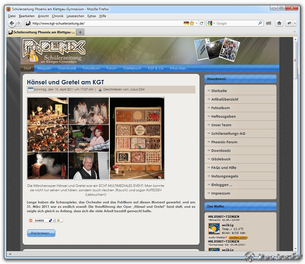 Die Website der Schülerzeitung PHOENIX am Klettgau-Gymnasium im Jahr 2011